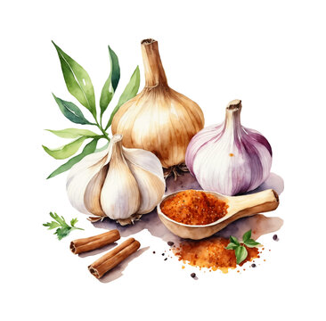 Set of watercolor illustrations of aromatic spices.  Garlic, coriander and cinnamon isolated on transparent background. Healthy herbs images for cooking, design, cards, poster, textile, menu.