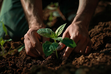 Man hoeing the soil, hands planting green seedling in dramatic lighting, tech style - obrazy, fototapety, plakaty