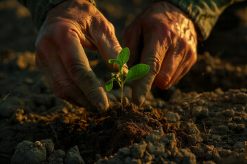 Man hoeing the soil, hands planting green seedling in dramatic lighting, tech style - obrazy, fototapety, plakaty