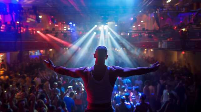 A man seen from back in a music event, dancing in neon color lights