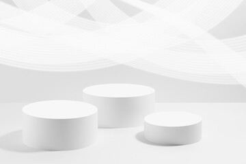 Set of three round white pedestals mockup for cosmetic products, curved striped neon light lines on...