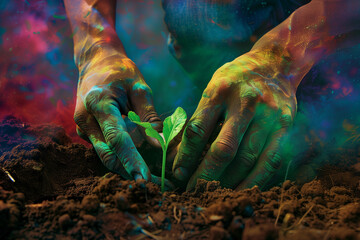 Man hoeing the soil, hands planting green seedling showcasing vibrant colors, tech style - obrazy, fototapety, plakaty