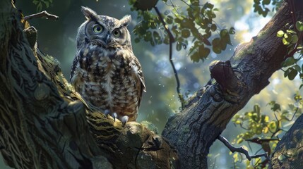 A wise old owl, perched high in the branches of a towering oak tree as it surveys its surroundings with keen eyes and sharp talons.