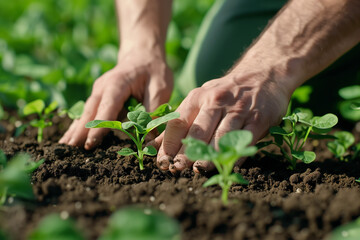 Man hoeing the soil, hands planting green seedling showcasing vibrant colors, tech style - obrazy, fototapety, plakaty