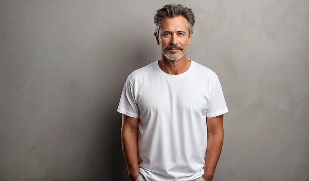 middleage guy wearing blank white t-shirt shirt on plain concrete wall background mockup from Generative AI