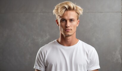 blonde guy wearing blank white t-shirt shirt on plain concrete wall background mockup from Generative AI