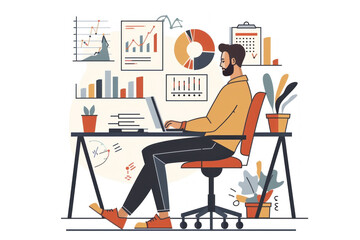 illustration of a man sitting in front of a laptop with charts wall, start-up idea, technological innovations. depicting a digital marketing concept for web design or online advertising