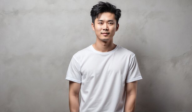 chinese idol guy wearing blank white t-shirt shirt on plain concrete wall background mockup from Generative AI
