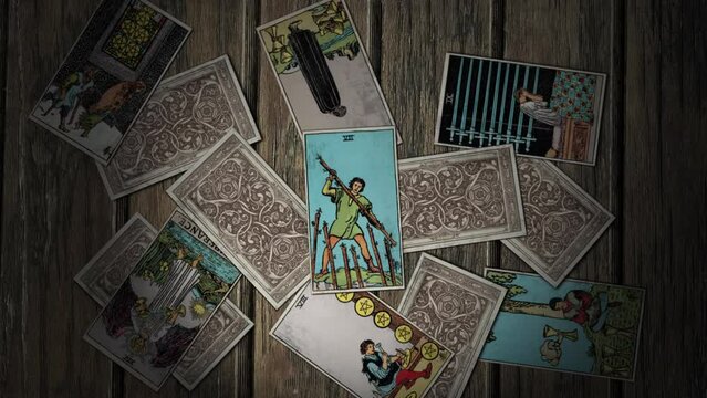 London, UK - January 17, 2017: Seven Of Wands Depicts Man Defending His Achievements. Medieval Times Destiny Divination. Medieval Times Magic Focus Destiny. Medieval Times Fortune-Telling Destiny