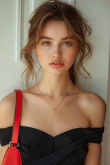 Fototapeta premium Amazing luxury seductive woman in stylish black party dress posing on white wall, ai technology