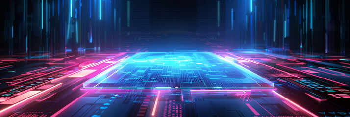 A computer chip is lit up in neon colors by AI generated image