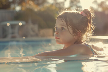Atmospheric image capturing a child girl's morning routine, set against the refreshing backdrop of a clear pool.