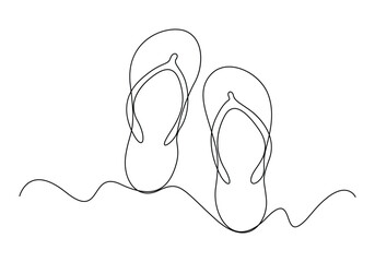 Continuous one line drawing of slippers for beach. Summer party. Isolated on white background vector illustration 