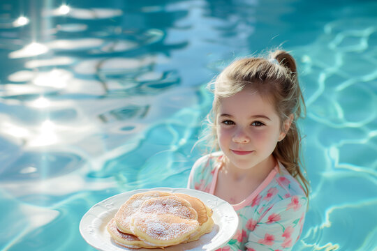 Lifestyle image of a child girl in pajamas, holding a plate of pancakes against the backdrop of a calm pool setting.