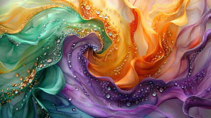 Mesmerizing watercolor swirls entwined with glittering amethyst, jade, and topaz accents in a harmonious union. 