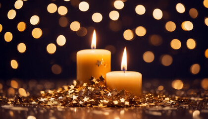 confetti candles bokeh background Burning stars golden candle candlelight christmas decoration festive light night celebration gold yellow glow fire flames glowing dark ho