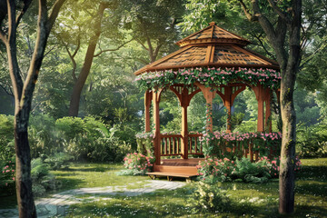 wooden gazebo decorated with flowers and greenery stands in the center of an outdoor garden, surrounded by trees and grass. creating a romantic atmosphere for wedding