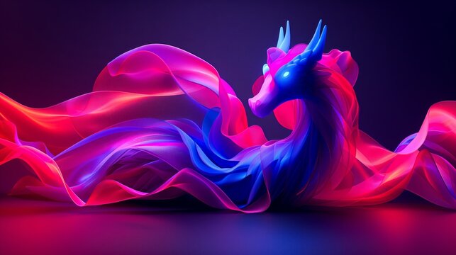 A sleek, flowing figure of a dragon with ribbons of vibrant pink and blue across a minimalist backdrop