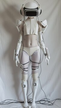 sequence of porcelain female statue dolls with avr headsets made with AI