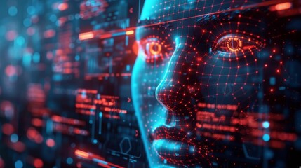 A computer generated face with red eyes and a blue background. The face is surrounded by a grid of red lines