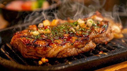 A close-up shot of a sizzling steak fresh off the grill, its caramelized exterior and juicy...