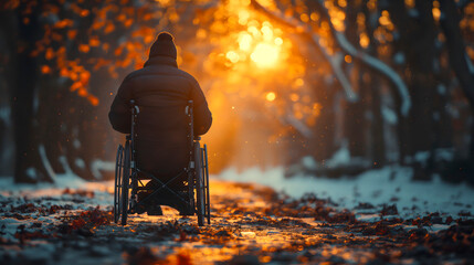 Man in a wheelchair walking in the park at sunset or sunrise.