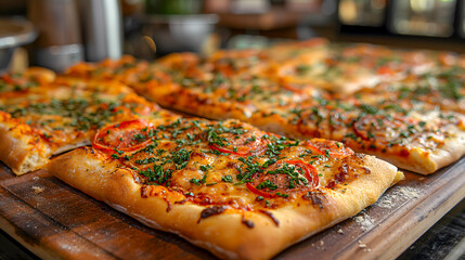 Delicious italian pizza on wooden table, close-up.
