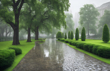 Fototapeta na wymiar Rainy Park and Nature Scenes background 