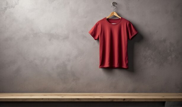 blank dark red tshirt on plain concrete wall background mockup from Generative AI