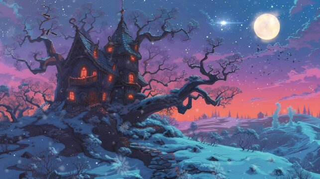 house in the middle of the forest when it snows at night. Seamless Cartoon style loop 4k animation