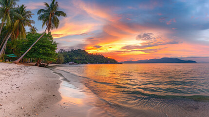 beautiful colorful sunset on the beach, nature landscape panorama. vibrant sky with orange and pink...