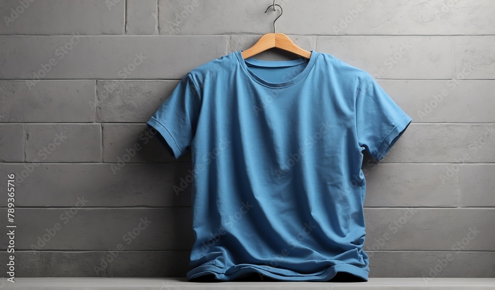 Wall mural blank blue tshirt on plain concrete wall background mockup from Generative AI