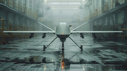A grey military aircraft is parked in a hangar. The hangar is dimly lit and the aircraft is the only thing visible - Powered by Adobe
