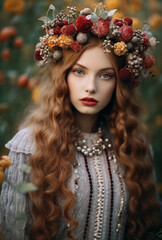 a woman with long hair wearing a wreath of flowers on her head and a necklace on her neck, standing in a field