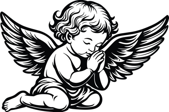 recommend clip art: Baby angel praying line art vector illustration
