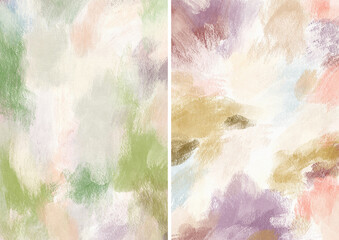Watercolor abstract textures of green, violet, pink, beige and white spots. Hand painted pastel illustration isolated on white background. For design, print, fabric or background.