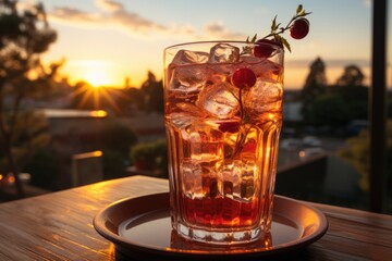 Cherry soda glass, summer barbecue overlooking the sunset on the lake., generative IA
