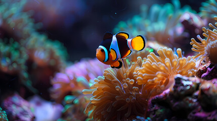 Obraz na płótnie Canvas Vibrant anemonefish gracefully swimming among colorful corals in a saltwater aquarium display 4K Wallpaper