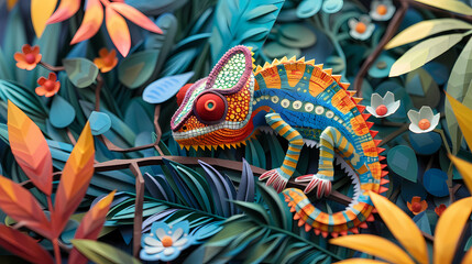 This stunning paper art showcases a multicolor-scaled chameleon amongst paper-crafted plants, highlighting intricate detail and texture work in the art piece