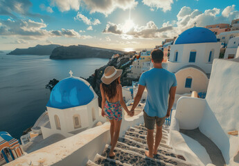 Young couple in love walking along the stairs of Oia, Santorini island with blue domes and white...