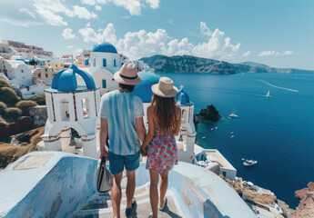 Young couple in love walking along the stairs of Oia, Santorini island with blue domes and white...