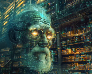A conceptual digital artwork blending an elder's face with a backdrop of a vast data library, symbolizing the merger of wisdom and technology. - obrazy, fototapety, plakaty
