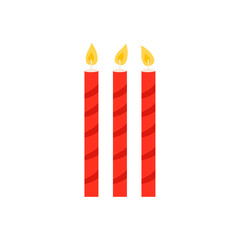 Striped candles for birthday cake or pie vector illustration. Holiday candles with burning flames in night, candlelight on wicks