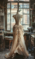 High fashion luxury Costume design dress, gems and diamond jewelry, retro elegant vintage details.