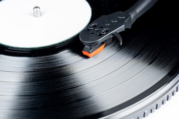 Vinyl turntable with vinyl plate. Modern gramophone record player. Retro sound technology to play music
