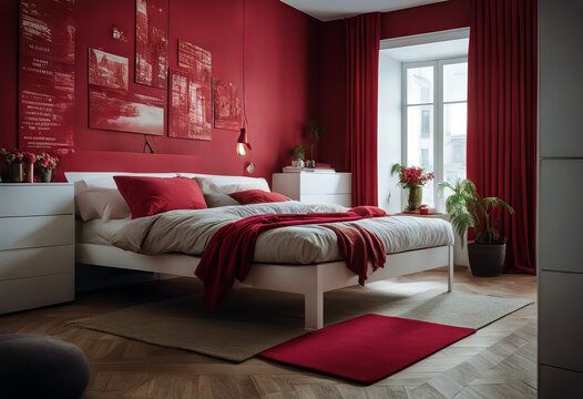 Schlafzimmer - rotes Wohndesign bed bedchamber sleep interior design art room furniture architecture architect house red rest furnish facility decoration commode stylist wooden wall