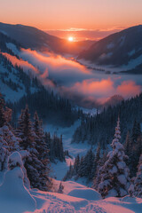 Picture winter landscape of snowy valley covered by coniferous woods at sunset, ai technology
