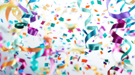 colorful confetti and ribbons falling on a white background. festive party decoration for a celebration or holiday event, carnival, birthday.