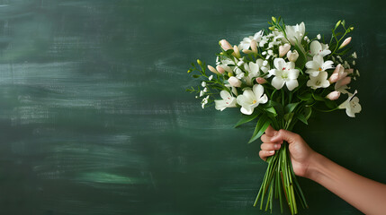 A hand holding a bouquet of flowers on a green blackboard background. Copy space area. Teachers day. Back to school. Student day