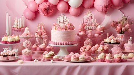 A photorealistic image of a dessert table set up for a pink-themed baby shower. The table is adorned with various pink desserts like cupcakes, macarons, cake pops, and a large cake decorated with baby